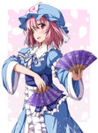  Tags: blush,bonnet,dress,fan,frills,girl,nori tamago,open mouth,pink eyes,pink hair,saigyouji yuyuko,short hair,single,tall image,touhou