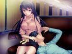  Tags: black hair,blue eyes,couple,game cg,girl,glasses,long hair,lying,male,shindan no kekka,sitting
