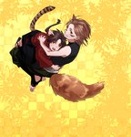  Score: 18 Tags: 2boys,animal ears,animal tail,brown hair,checkered background,facial mark,fox ears,fox tail,green eyes,hug,japanese clothes,male,open mouth,ponytail,sanada yukimura,sarutobi sasuke,sengoku basara,short hair,shounen ai,tiger ears,tiger tail,yellow eyes