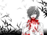  Score: 25 Tags: alucard (hellsing),bat,blood,grey hair,hair over one eye,hellsing,male,open mouth,open shirt,pale skin,red eyes,shirt,short hair,simple background,single,solid&etc,white