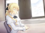  Score: 25 Tags:  blonde hair bow chair eyes closed girl hair bow katawa shoujo (game) long hair satou lilly shirt smile table window 