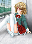  Tags: barefoot,blonde hair,drill hair,girl,glasses,legs,looking at viewer,luna child,red eyes,school uniform,short hair,sitting,skirt,solo,sutoreruka (artist),tall image,touhou,white thighhighs