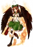  Score: 18 Tags:  ahoge black_wings blush brown_hair girl hair_bow long_hair pointy_ears red_eyes reiuji_utsuho shoes skirt smile solo touhou virus_(pixiv) wings 