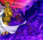  Score: 18 Tags: 2boys,armor,black hair,cape,flame,hair over eyes,helmet,horn (horns),kagaho y aldebaran,long hair,male,mountain,pink,pink hair,purple,saint seiya,short hair,wings
