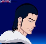  Tags: black hair,bleach,blue,fur,ginjou kuugo,gold-mk,inscription,looking back,male,portrait,purple eyes,short hair,simple background,single,smile