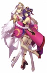  Tags: 2girls,armor,ar tonelico,bare shoulders,chroche latel pastalie,detached sleeves,elbow gloves,feather (feathers),girls,highres,long hair,luca trulyworth,nagi ryou,purple eyes,purple hair,ribbon (ribbons),simple background,smile,tall image,thigh boots,white,white thighhighs,wings