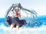  Tags:  aqua_eyes aqua_hair bow hair_bow hair_ribbon hatsune_miku long_hair mid_knight navel ribbon school_uniform skirt skirt_lift twintails vocaloid water wink 