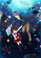  Tags: black hair,black socks,doll (dolls),eve (Ib),flower (flowers),garry (Ib),girl,hair over one eye,ib (game),long hair,male,petals,purple eyes,purple hair,red eyes,school uniform,short hair,skirt,socks,tall image,uduki eri,underwater,uniform