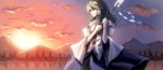  Score: 9 Tags:  braid cloud_(clouds) detached_sleeves forest frog girl green_hair kochiya_sanae long_hair miko mountain paseri_(artist) sky snake solo sunset touhou water yellow_eyes 
