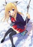  Score: 9 Tags: black thighhighs,blonde hair,blush,cat ears,cat tail,exhalation,girl,highres,jacket,long hair,open mouth,red eyes,school uniform,sitting,skirt,solo,swing,tagme (artist),tall image