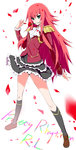  Tags: akata itsuki,black socks,blush,flower (flowers),from above,girl,green eyes,holding,inscription,long hair,looking at viewer,mouth hold,petals,pretty rhythm,pretty rhythm rainbow live,red hair,renjouji beru,rose (roses),simple background,single,socks,tall image,white