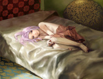  Score: 162 Tags: barefoot,bed,covering breasts,fetal position,gasai yuno,girl,gou noojisan,light erotic,lying,mirai nikki,no bra,on side,purple eyes,purple hair,solo,topless