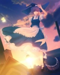  Tags: blonde hair,broom,dress,girl,kirisame marisa,long hair,looking at viewer,porigon,single,sunset,tall image,touhou,witch,witch hat,yellow eyes