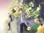  Tags: 2boys,belt,blonde hair,boots,brown hair,cloak,coat,couple,fireflies,flower (flowers),fuwa mahiro,green eyes,hairclip,jacket,lacing,light smile,male,pants,petals,red eyes,scarf,shirt,short hair,sitting,spread arms,standing,takigawa yoshino,tree (trees),zetsuen no tempest