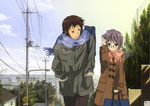  Score: 9 Tags: absurdres,black hair,blush,brown eyes,girl,glasses,grey hair,highres,jacket,kyon,male,nagato yuki,power lines,scan,scarf,school uniform,short hair,suzumiya haruhi no yuutsu