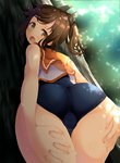  Tags: ass,blush,brown eyes,brown hair,from below,girl,i-401 aircraft carrying submarine,kantai collection,komone ushio,light erotic,long hair,looking at viewer,one-piece swimsuit,open mouth,ponytail,sailor suit,single,sunlight,swimsuit,tall image,tree (trees)
