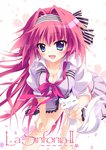  Tags: animal,blue eyes,blush,girl,hairband,hisagiyuu,jinpou anne,koi ga saku koro sakura doki,long hair,open mouth,petals,pink hair,school uniform,single,tall image,uniform
