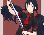  Score: 9 Tags: black hair,blood c,girl,glasses,grey eyes,juu ho (artist),katana,kisaragi saya,long hair,necktie,school uniform,shirt,solo,twintails,weapon