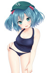  Score: 45 Tags: blue eyes,blue hair,blush,etou (cherry7),girl,kawashiro nitori,light erotic,open mouth,peaked cap,school swimsuit,short hair,simple background,single,tall image,touhou,white
