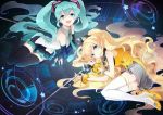  Tags: 2girls,aqua eyes,aqua hair,bacu,black thighhighs,blonde hair,bracelet,detached sleeves,girls,hatsune miku,long hair,looking at viewer,microphone stand,open mouth,seeu,skirt,thighhighs,twintails,vocaloid,white thighhighs