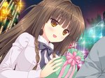  Tags: blush,braid (braids),brown eyes,brown hair,chiisana kanojo no serenade,coat,game cg,girl,long hair,open mouth,present,tsurusaki takahiro,twin braids