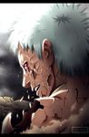  Tags: akatsuki,coloring,highres,kortrex,looking back,male,naruto,open mouth,pink eyes,profile,scar,sharingan,short hair,single,smile,sunlight,tall image,tobi,uchiha obito,white hair