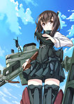  Tags: black hair,blush,brown eyes,cloud (clouds),girl,kantai collection,looking at viewer,ochikochi (totika),short hair,single,sky,taihou armored aircraft carrier,tall image,weapon