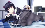  Tags: bed,black hair,edogawakid,flower (flowers),frills,girl,gokou ruri,goth-loli,hair flower,highres,indoors,lolita fashion,long hair,looking at viewer,lying,mole,no shoes,on side,ore no imouto ga konnani kawaii wake ga nai,pantyhose,red eyes,ring,single,speakers,wallpaper