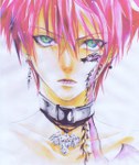  Score: 18 Tags: angel,angel sanctuary,aqua eyes,collar,dragon,earrings,green eyes,male,michael (angel sanctuary),nude,pendant,pink hair,red hair,scar,simple background,tall image,tattoo,white