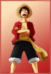  Tags: black eyes,black hair,crossed arms,ddsign,frame,male,monkey d luffy,one piece,open mouth,open shirt,red,scar,short hair,shorts,simple background,solo,straw hat,tall image