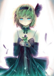  Score: 45 Tags: alice margatroid,bare shoulders,blue eyes,culter (artist),detached sleeves,dress,feather (feathers),girl,green hair,hairband,short hair,simple background,single,tall image,touhou,white