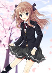  Score: 18 Tags: ahoge,black socks,blue eyes,blush,bow,brown hair,cherry blossoms,girl,hair bow,long hair,looking at viewer,open mouth,original,petals,purin jiisan,school uniform,single,socks,spring,tall image,tree (trees),uniform,wind
