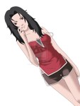  Score: 43 Tags: black hair,girl,hand on cheek,long hair,looking at viewer,naruto,red eyes,shorts,simple background,single,sleeveless,tall image,white,yuuhi kurenai