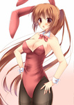  Tags: blush,breasts,brown hair,bunny ears,bunnysuit,girl,light erotic,long hair,open mouth,original,ponytail,red eyes,solo,tall image,type (artist)