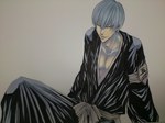  Tags: absurdres,bleach,blue eyes,gray,grey hair,highres,ichimaru gin,japanese clothes,male,short hair,simple background,sitting,smile,solo,wink