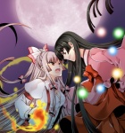  Score: 9 Tags: 2girls,black hair,fire,fireball,fujiwara no mokou,full moon,girl,hair bow,houraisan kaguya,long hair,magic,night,open mouth,profile,red eyes,roh nam kyung (artist),silver hair,tall image,touhou