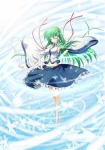  Tags:  barefoot bare_shoulders detached_sleeves eyes_closed frog girl green_hair hairpin_(hairpins) highres kochiya_sanae long_hair midriff ribbon_(ribbons) shin_osada_(artist) snake solo touhou 