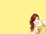  Score: 18 Tags: arm support,brown eyes,brown hair,girl,long hair,pale skin,simple background,sitting,solo,tagme (artist),yellow