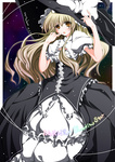  Tags: akane yukio,blonde hair,brown eyes,dress,frills,girl,kirisame marisa,long hair,open mouth,single,tall image,touhou,witch hat