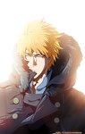  Score: 7 Tags: aagito,bleach,blonde hair,fur,kurosaki ichigo,male,orange eyes,portrait,short hair,single,tall image,white,winter clothes
