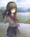  Score: 9 Tags: black hair,brown eyes,cloud (clouds),girl,loj,long hair,mountain,original,petals,school uniform,single,skirt,tall image,uniform