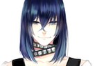  Tags: blue eyes,blue hair,choker,dramatical murder,gackpokaito,highres,looking at viewer,male,nitro+chiral,ren (dmmd),short hair,simple background,single,smile,white