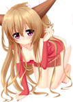  Tags: blush,breasts,brown hair,ecchi,girl,horn (horns),ibuki suika,light erotic,loli,long hair,masiroke,on all fours,purple eyes,simple background,tall image,touhou