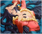  Score: 9 Tags: black hair,blush,boa hancock,cleavage,ddsign,earrings,girl,grey eyes,light erotic,lips,long hair,lying,one piece,open mouth,pillow,solo