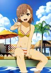  Score: 72 Tags: absurdres,bare shoulders,bikini,blush,brown eyes,brown hair,cloud (clouds),fujii masahiro,girl,highres,misaka mikoto,open mouth,palm tree,parasol,photoshop,pool,short hair,single,sitting,sky,smile,striped,striped bikini,tall image,tan,tan lines,to aru kagaku no railgun,to aru majutsu no index,victory,water,wink