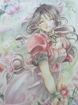  Tags: aerith gainsborough,blush,bow,braid (braids),brown hair,dress,eyes closed,final fantasy,final fantasy VII,flower (flowers),girl,hair bow,long hair,open mouth,sana (artist),single,single braid,tall image,traditional media,watercolor