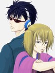  Tags: back to back,black hair,blue eyes,brown hair,gintama,girl,headphones,kawakami bansai,kiheitai,kijima matako,long hair,looking back,looking down,male,open mouth,short hair,side ponytail,simple background,sunglasses,tall image