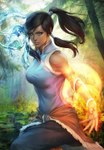  Score: 71 Tags: artgerm (stanley lau),avatar: the legend of korra,black hair,blue eyes,fire,fur,girl,korra,lips,long hair,magic,ponytail,realistic,single,tall image,tree (trees),water