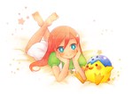  Score: 27 Tags: animal,aqua eyes,blush,doraemon,girl,highres,lilulu,long hair,lying,on stomach,orange hair,pendant,pippo,shinryou,simple background,smile,star (stars),white