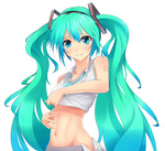  Score: 36 Tags: aqua eyes,aqua hair,bare shoulders,blush,girl,hair ornament,hatsune miku,looking at viewer,masurao (6922),midriff,navel,simple background,solo,twintails,very long hair,vocaloid,white